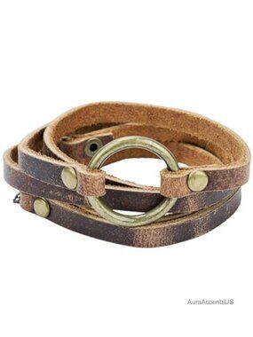 Handmade Leather Wrap Bracelet with Symbolic Brass Circle, Adjustable Lobster